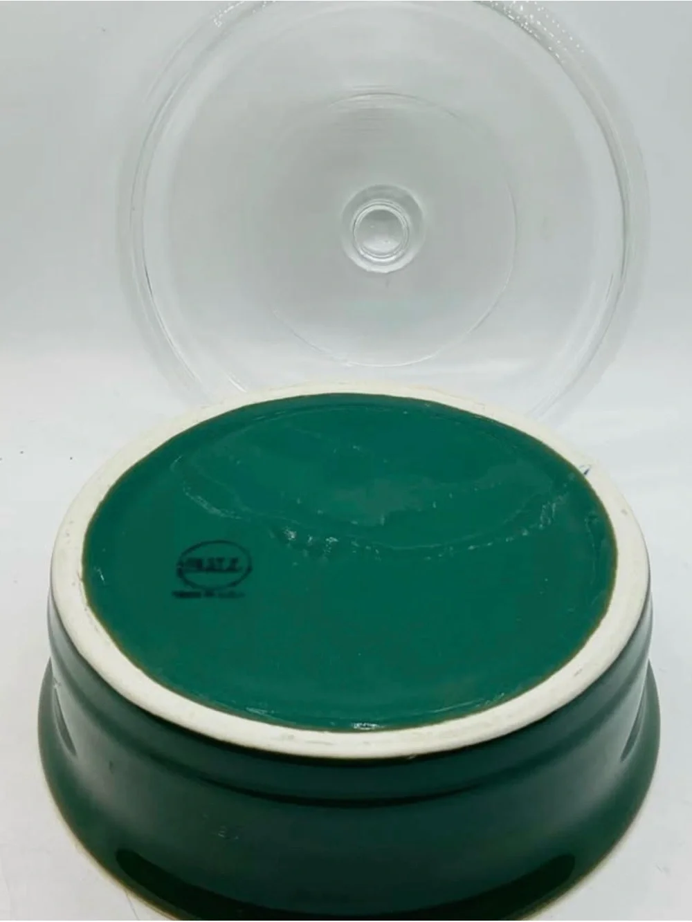 VTG HALL Stoneware Casserole Dish With Glass Lid,Dark Green Outside, Yellow insi